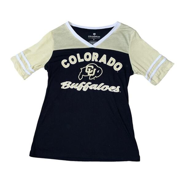 Colosseum brand black & gold CO CU Buffs graphic sports Tee SZ SM V-neck - Picture 2 of 6